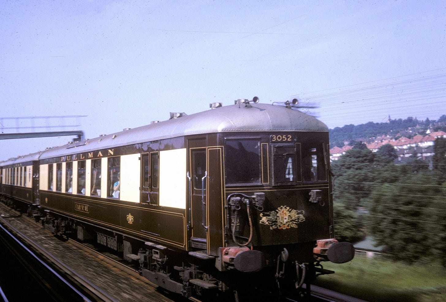 The Brighton Belle train passing at speed.