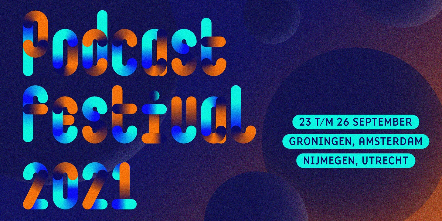 Podcastfestival artwork. Er staat Podcastfestival 2021 in neonkleurige letters, en Groningen, Amsterdam, Nijmegen en Utrecht staat rechts in oranje en blauw