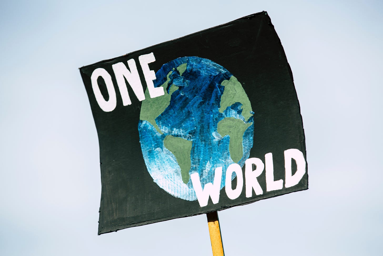 A placard with a drawing of the earth and "one world" written on it