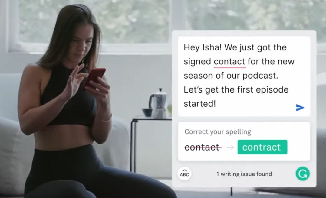 Woman doing Yoga, about to send the message “Hey Isha! We just go the signed contact for the new season of our podcast!” and Grammarly correcting to ‘Contract’.