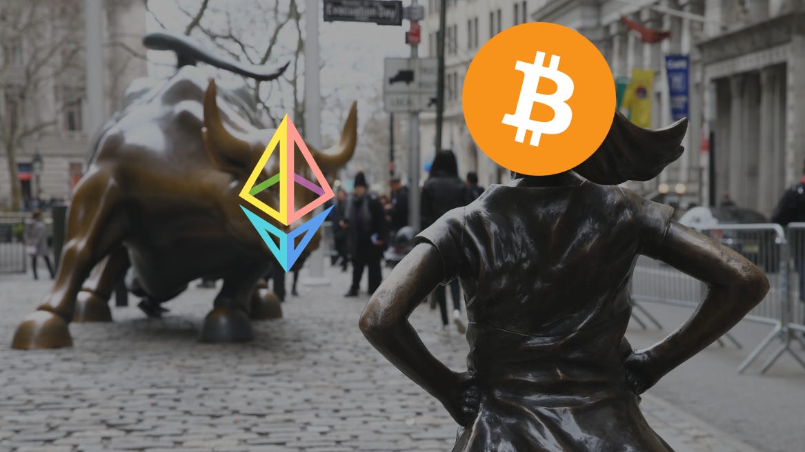Girl in front of Wall Street Bull with Bitcoin logo