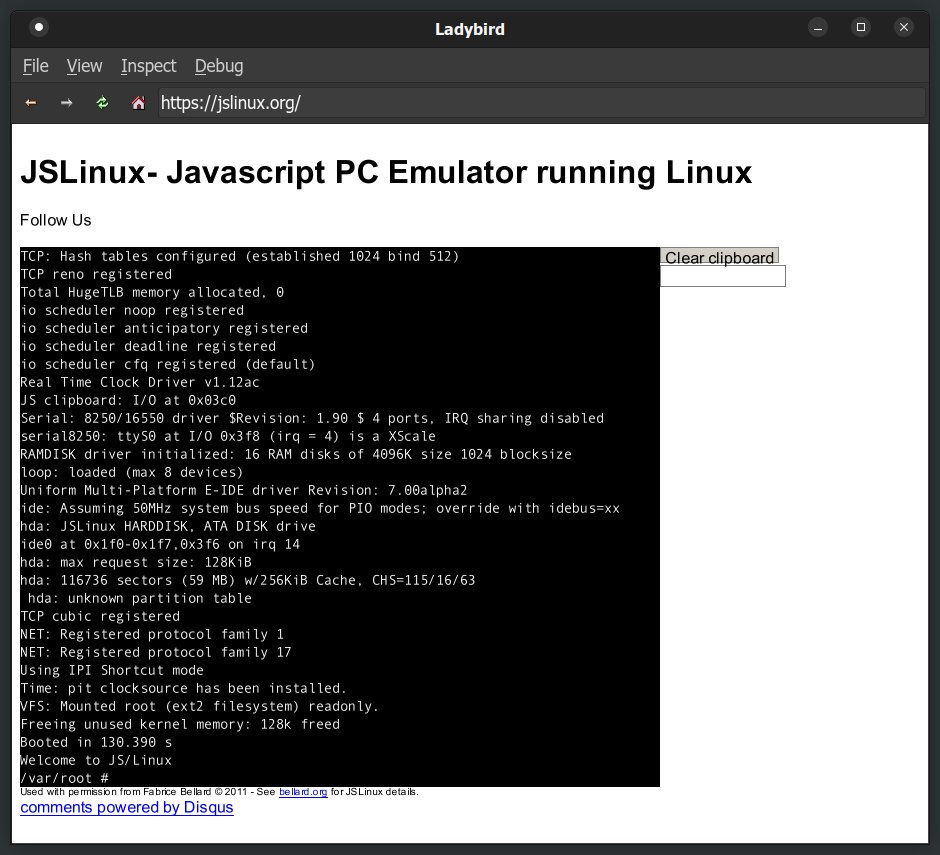 Screenshot of "JSLinux - Javascript PC Emulator running Linux" in the Ladybird web browser. Linux has successfully booted in the emulator.