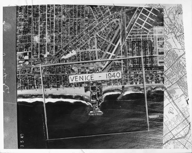 Aerial view of Venice, California, and the beach, 1940