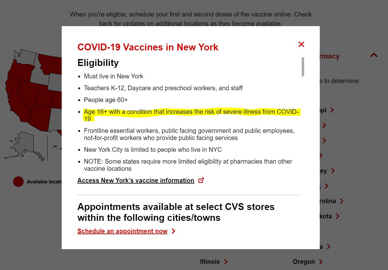 CVS COVID vaccine elibility update to include health conditions for ages 16+
