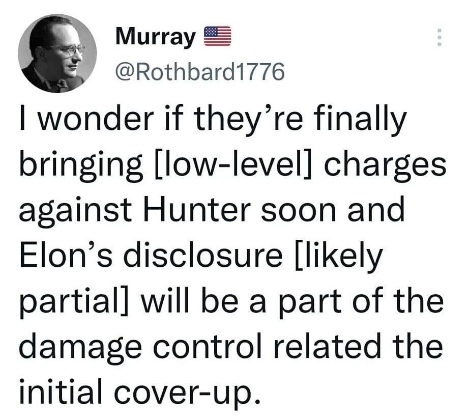 May be an image of 1 person and text that says 'Murray @Rothbard1776 I wonder if they're finally bringing [low-level] charges against Hunter soon and Elon's disclosure [likely partial] will be a part of the damage control related the initial cover-up.'