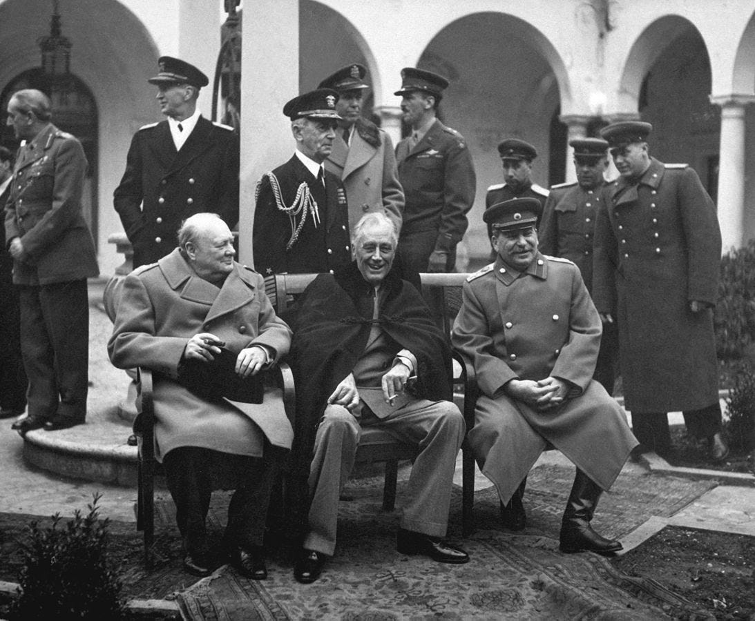 Allied leaders (left to right) at Yalta Conference,1945: Winston Churchill, Franklin D. Roosevelt and Joseph Stalin. (Wikimedia)