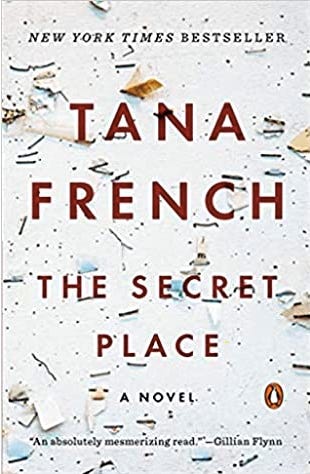 Book cover "Tana French The Secret Place" crumpled papers in the background