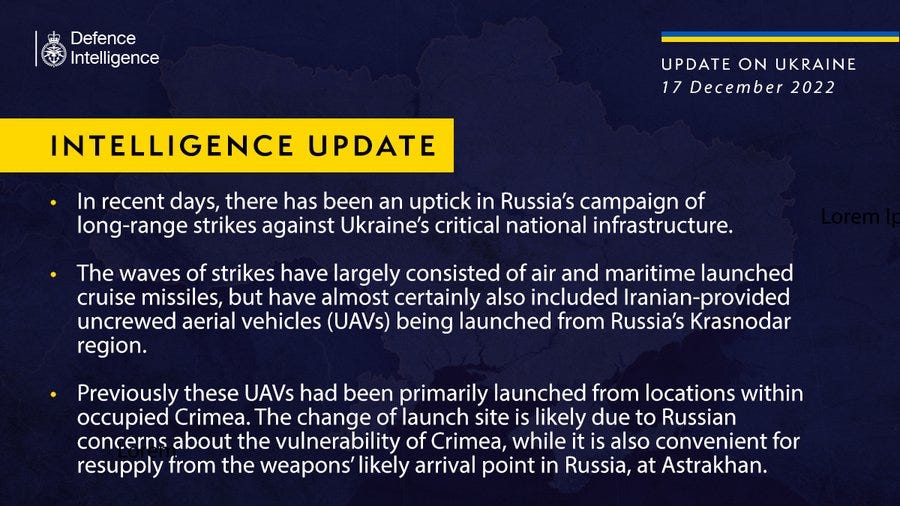 Latest defence intelligence update on Ukraine for 17 December 2022 - please read threaded tweets for full text