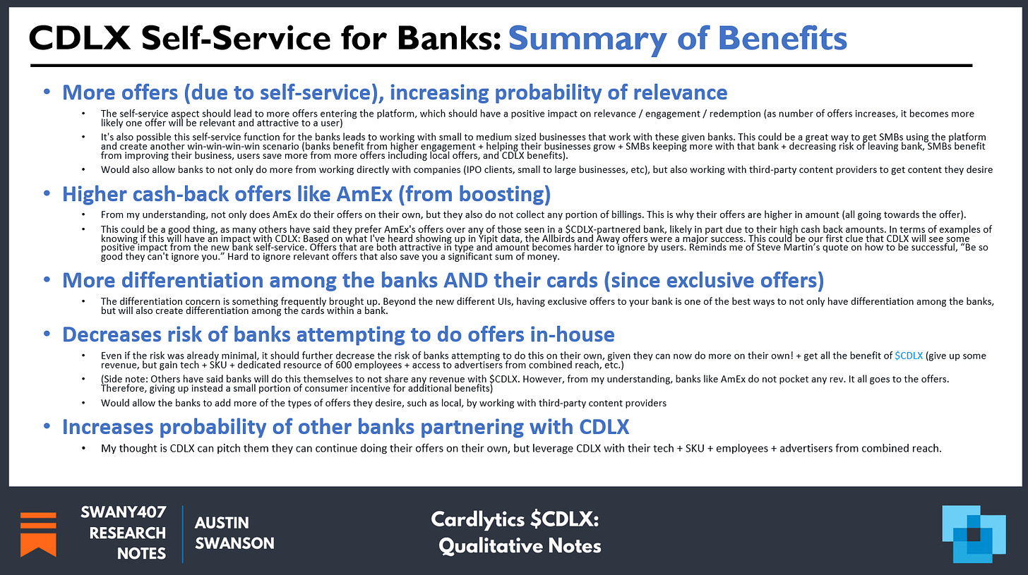 Cardlytics ($CDLX): Self-Service for Banks (Clues Chase is Using & Has the New Ad Server), Discussion on the benefits of self-service for banks, and why Chase may already have it and the new ad server. Chase, Wells Fargo, US Bank, BofA, Bank of America, Cardlytics $CDLX, Swany407, Austin Swanson, differentiation, AmEx, American Express, Customization, new banks, boosting, Engage, engagement, cash-back