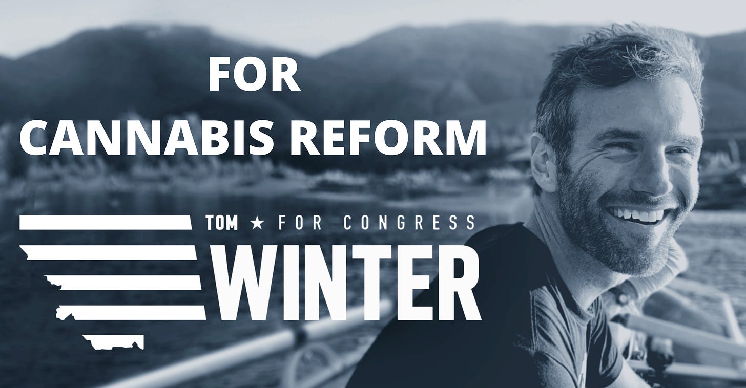 campaign poster, "For Cannabis Reform" text with Tom smiling on boat