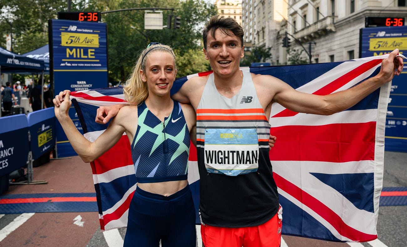 Jemma Reekie and Jake Wightman celebrate their victories at the 2021 Fifth Avenue Mile.