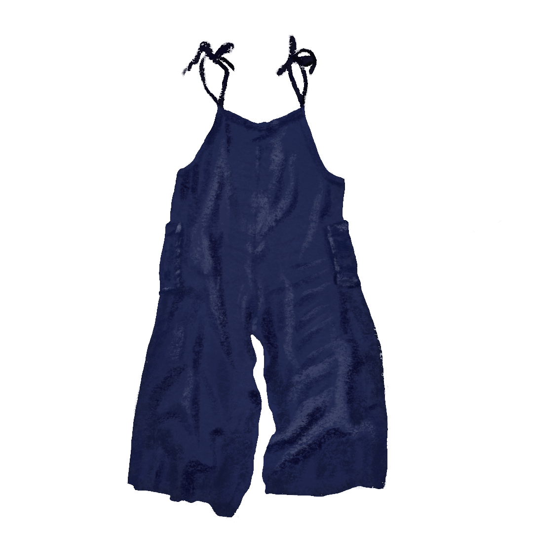 Illustration of a pair of dark navy blue linen overalls with bow ties at the shoulders and patch pockets on the sides.