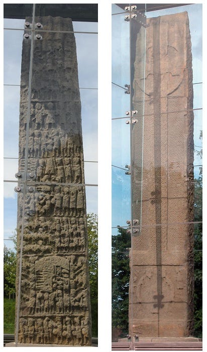 The two main faces of Sueno’s Stone, with the reverse showing grisly battle scenes, and the front a large ring-headed cross