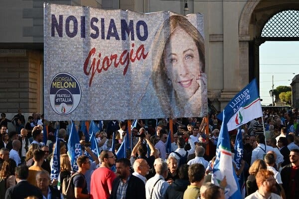 Supporters of Giorgia Meloni at a joint rally on Thursday for the Brothers of Italy, League and Forza Italia parties in Rome.