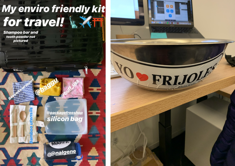 Left photo shows a flat lay of environmentally friendly travel items like a reusuable bag, silicon bag, nalgene bottle and bamboo utensils. Right shows a metal bowl with a larger sticker that says "Yo heart Frijoles"