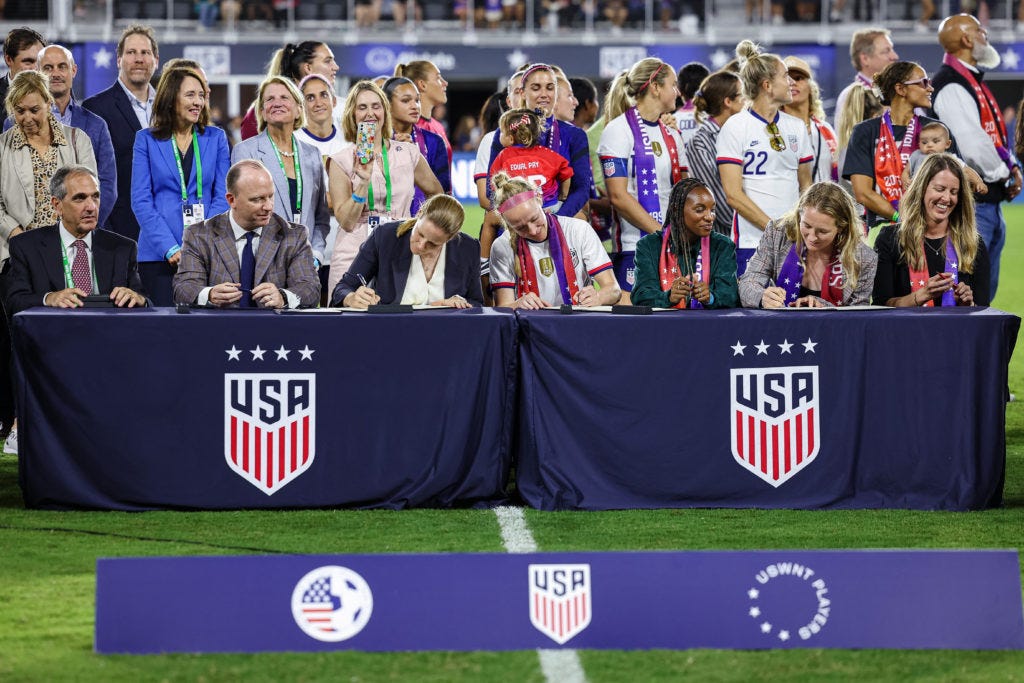 A general view during a signing ceremony for the new Collective Bargaining Agreements after the match between the United S...