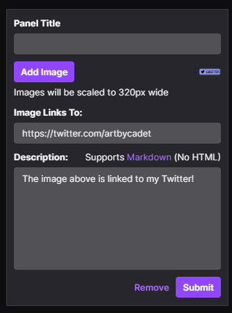 Twitch panel UI for editing panels
