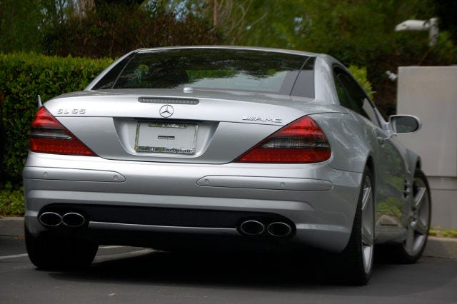 One of the many identical leased Mercedes-Benz SL55 AMGs driven by Steve Jobs. This one was spotted in 2008. Jobs would change cars (always sticking with an identical model) every six months to avoid having to put a license plate on the back.