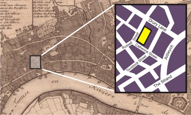 an inset map of Drury Lane area in London, set over a large map of London