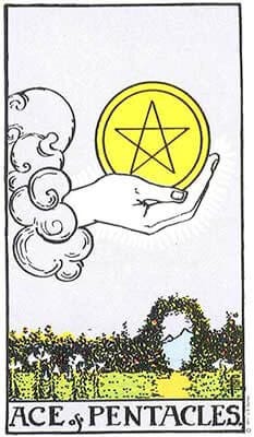 The Ace of Pentacles tarot card, in which an outstretched palm cupping a gold coin is suspended in the sky above a lush green garden.