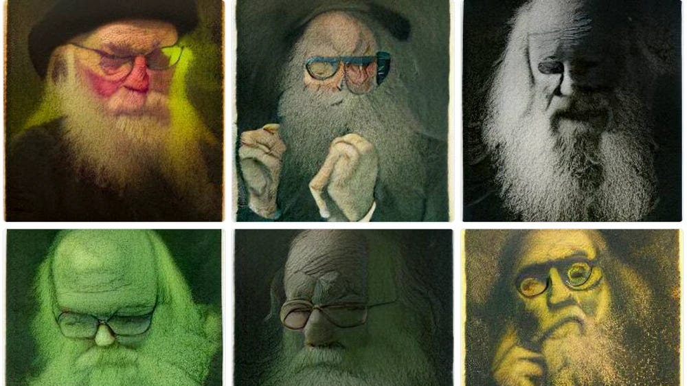 Sei autoritratti realizzati da Craiyon. Il risultato sono sei immagini di uomo stempiato, con la barba lunga e gli occhiali.
