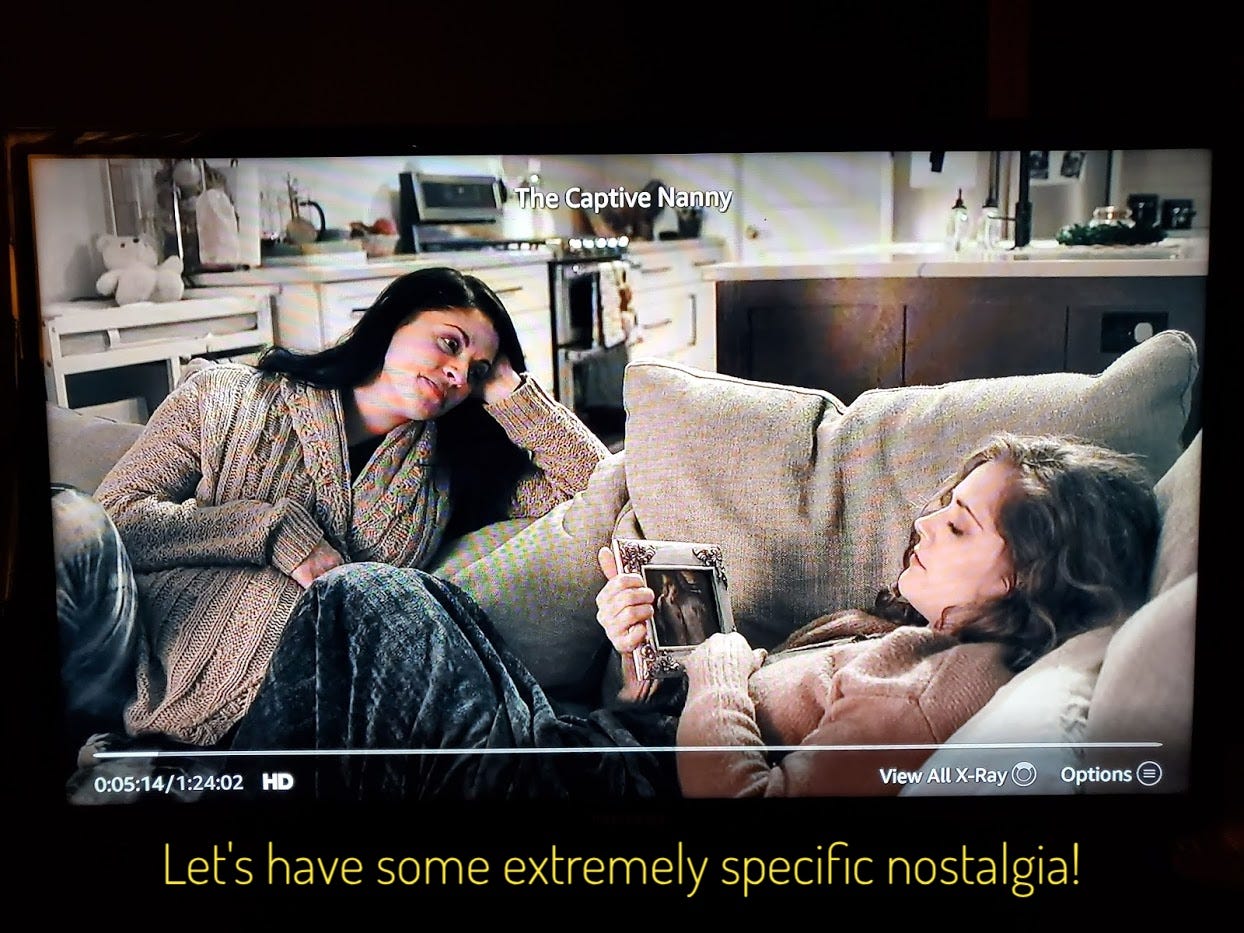 Stephanie and Chloe lying on a couch, Chloe holding a picture of the two of them as teens, captioned "Let's have some extremely specific nostalgia!"