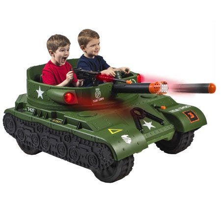 two young boys sitting in olive miniature motorized tank