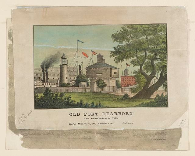 A color postcard image of "Old Fort Dearborn" from 1856. It shows a wooden military fort, a lighthouse, a paddlewheel steamship, and a couple of brick buildings.