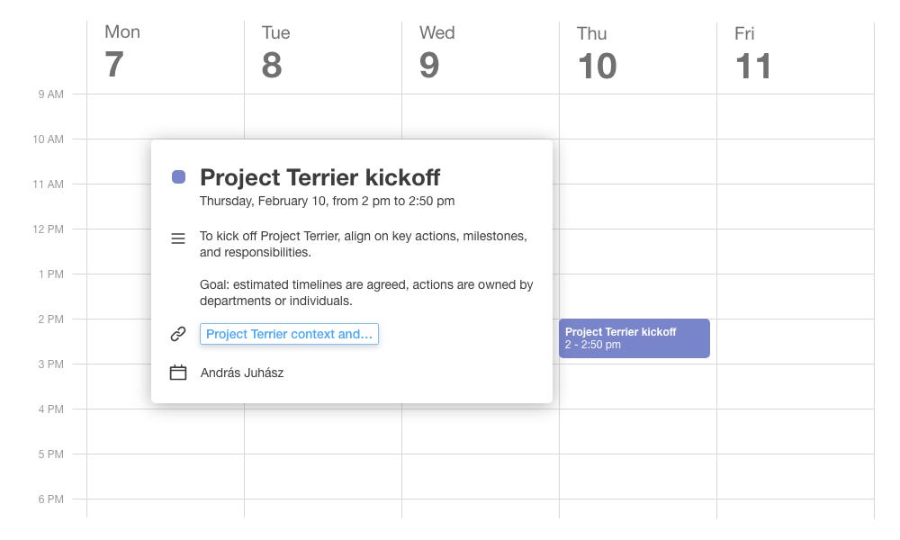Mockup of calendar event description, including meeting purpose and goal