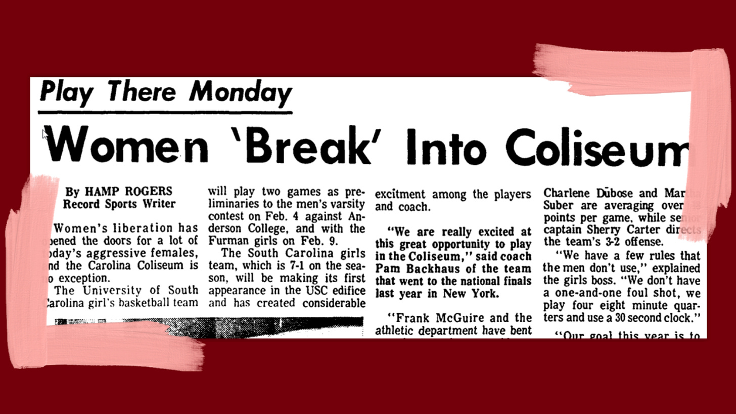 Screenshot of the Columbia Record's article about USC's first women's basketball game at the Carolina Coliseum