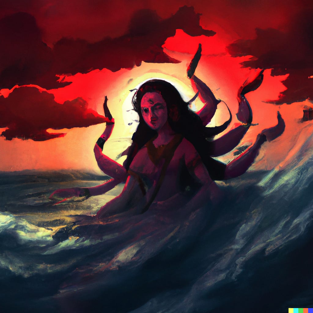 A dark-skinned woman sits in the dark ocean waves with an intense saffron sunset behind her and dark clouds above. Her figure is cast in shadow and her skin looks tinged with red from the sunset. The cloth of her dark garments fly out around her like the multiple arms of a Hindu Goddess.