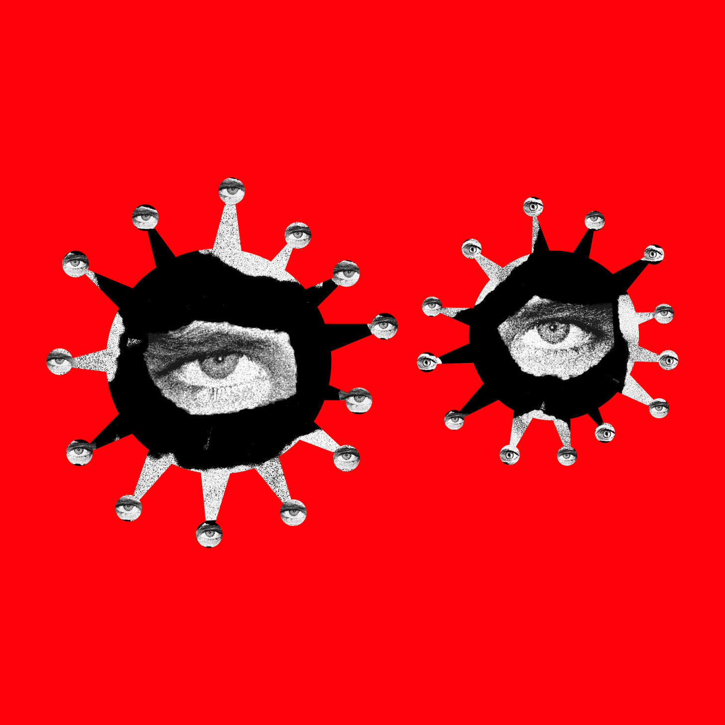 Graphic illustration of two black and white human eyes masked in the shape of two coronavirus molecules, on a red background.