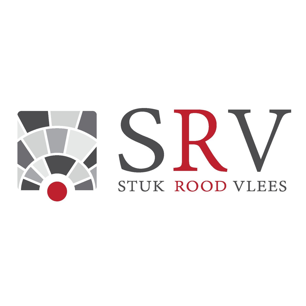 Podcast artwork van Stuk Rood Vlees. Tegen een witte achtergrond zie je de titel in het grijs, behalve het woord rood. Ook de letters SRV zijn groot. Rechts is een illustratie van de tweede kamer van bovenaf gezien