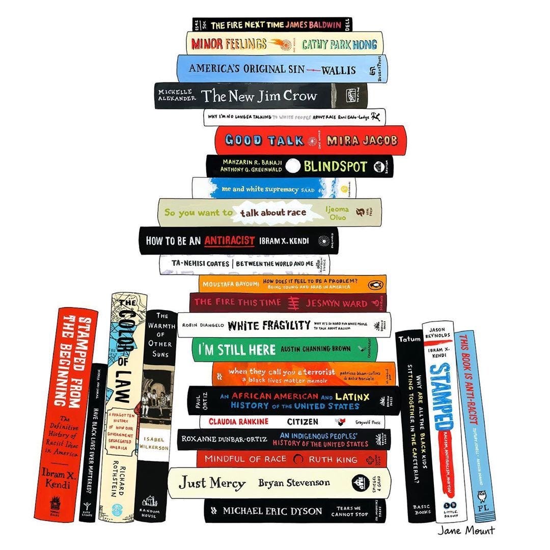 an illustrated stack of anti-racism books.