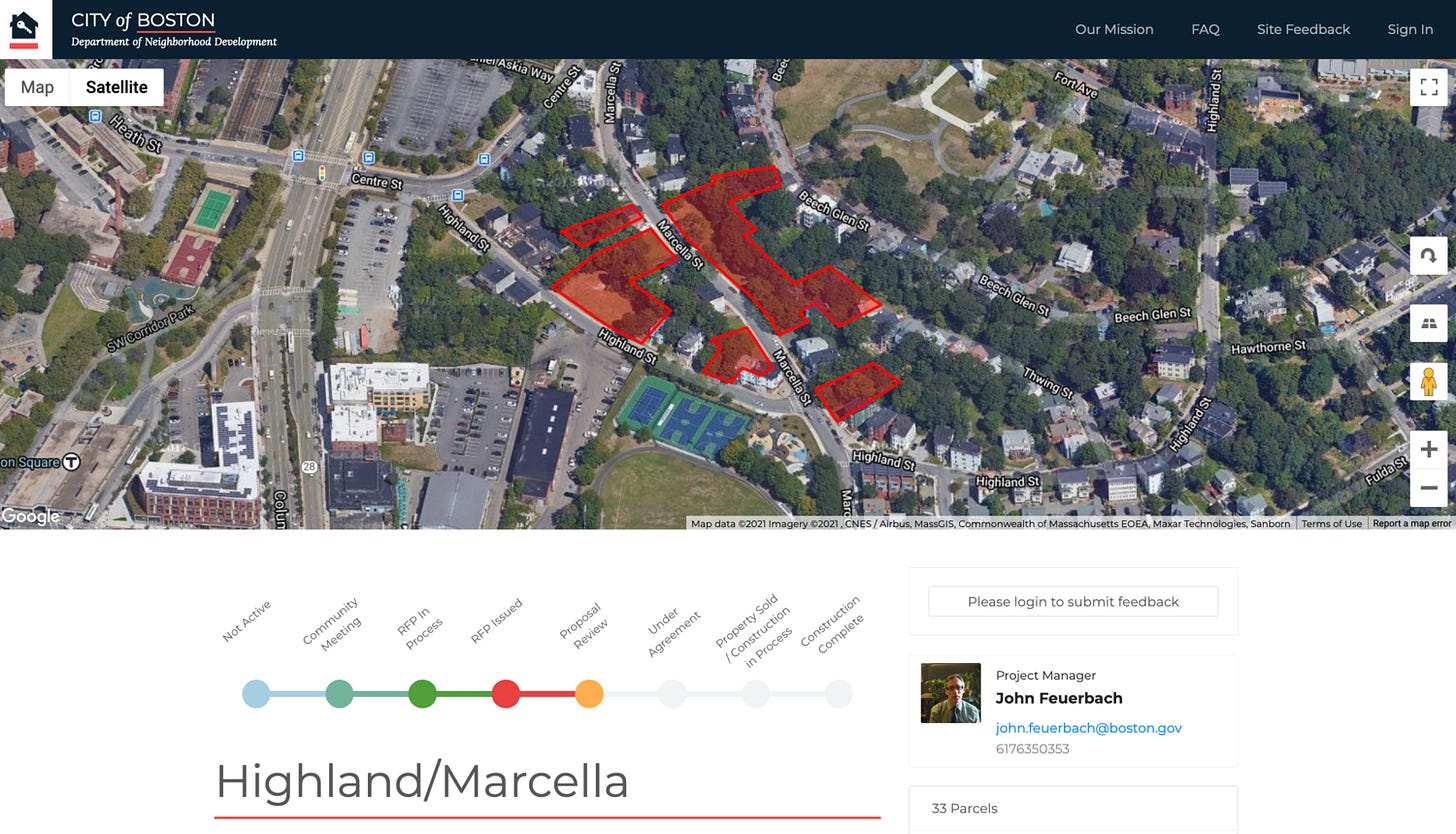 Figure 7. The 2016 Request for Proposals for sites at Marcella and Highland Avenues in Boston’s Roxbury neighborhood, whose page on the City of Boston DND’s website is shown here, explicitly asked for cooperative housing and design innovation for low-income households. As workshop participant Jayson Kim found, achieving these goals using Low-Income Housing Tax Credits has proven difficult. Screenshot captured February 9, 2021. Courtesy City of Boston DND.