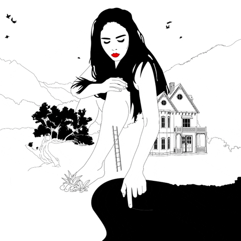 imagem animada de uma mulher gigante atras de uma casa, botando o dedo em um lago