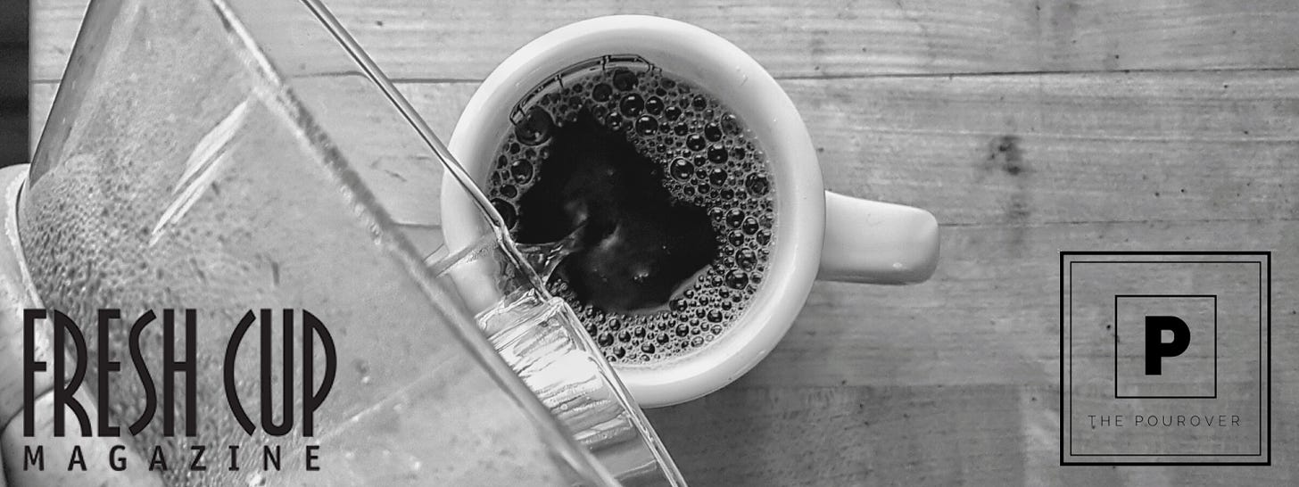 A Chemex pouring coffee into a cup on a table, seen from above, overlaid with logos for Fresh Cup Magazine and The Pourover