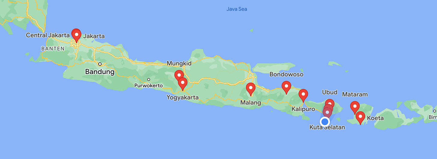 A screenshot of Google Maps over Indonesia, with little red pins where we've been in Java, Bali and Lombok
