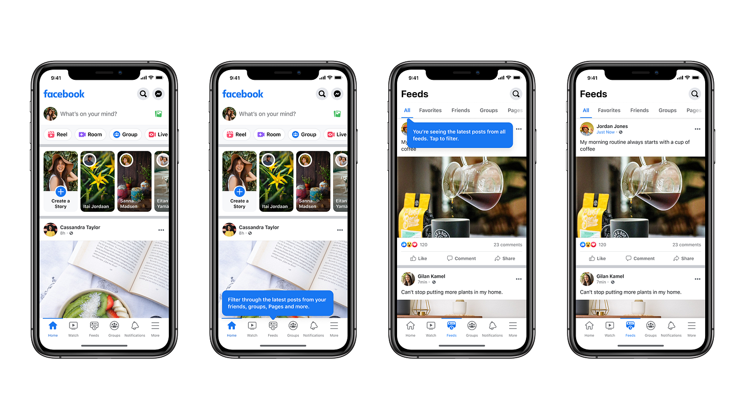 Screenshots of Facebook's new Home and Feeds tabs. (Facebook)