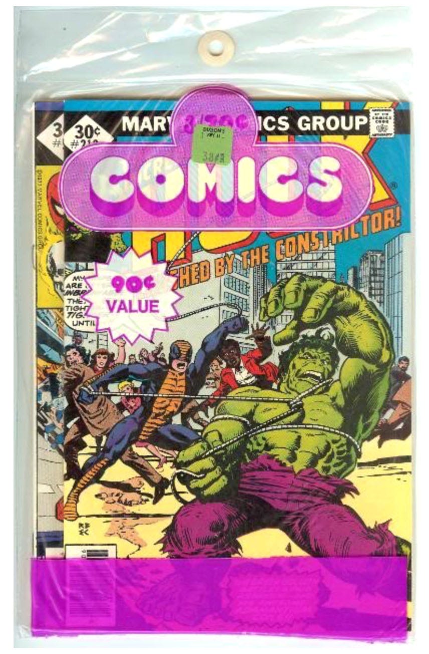 A sealed bag of three 30-cent Marvel comics priced at 79 cents