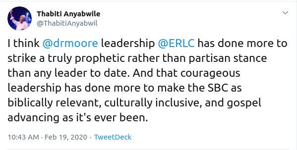 I think 
@drmoore
 leadership 
@ERLC
 has done more to strike a truly prophetic rather than partisan stance than any leader to date. And that courageous leadership has done more to make the SBC as biblically relevant, culturally inclusive, and gospel advancing as it's ever been.