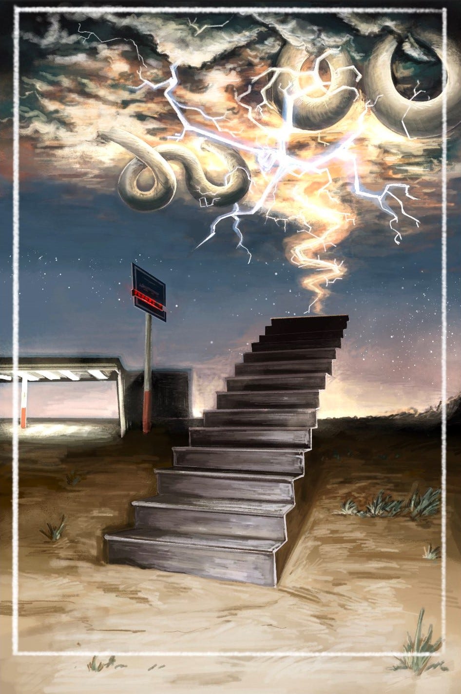 Concept Art for the Backrooms-inspired game. It depicts a stairwell that  seemingly leads to nowhere and an empty gas station off to the side. In the sky above, light flashes and a cloud-like fog roils, with the snake-like limbs of an unknown creature weaving through the clouds