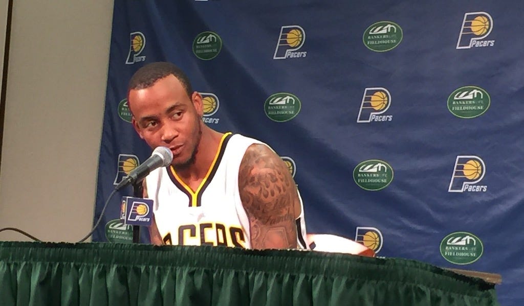 Monta Ellis talks with reporters during a Pacers press conference.