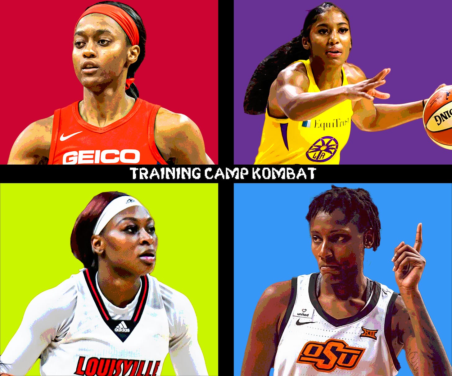 A Mortal Kombat-inspired graphic of Shatori Walker-Kimbrough of the Atlanta Dream, Te'a Cooper of the LA Sparks, Dana Evans of the Dallas Wings, and Natasha Mack of the Chicago Sky as the WNBA season is set to begin. 