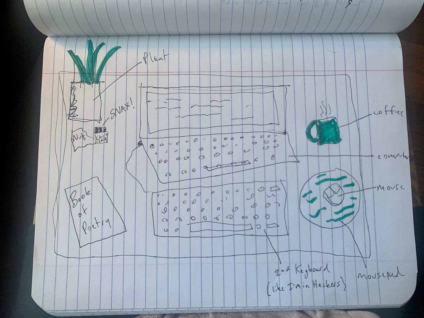 a drawing of emme's writing desk. there's a plant, a computer, coffee mug, mouse, and keyboard and snacks