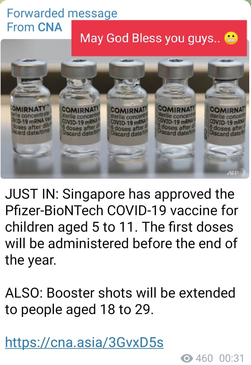 May be an image of text that says "Forwarded message From CNA May God Bless you guys.. COMIRNATY sterileconcentr COMIRNATY COMIRNATY COMIRNAT AFP JUST IN: Singapore has approved the Pfizer-BioNTech Pfizer- COVID-19 vaccine for children aged 5 to 11. The first doses will be administered before the end of the year. ALSO: Booster shots will be extended to people aged 18 to 29. https://cna.asia/3GvxD5s 460 00:31"