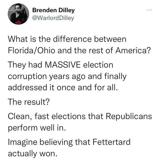 May be an image of 1 person and text that says 'Brenden Brenden Dilley @WarlordDilley What is the difference between Florida/Ohio and the rest of America? They had MASSIVE election corruption years ago and finally addressed it once and for all. The result? Clean, fast elections that Republicans perform well in. Imagine believing that Fettertard actually won.'