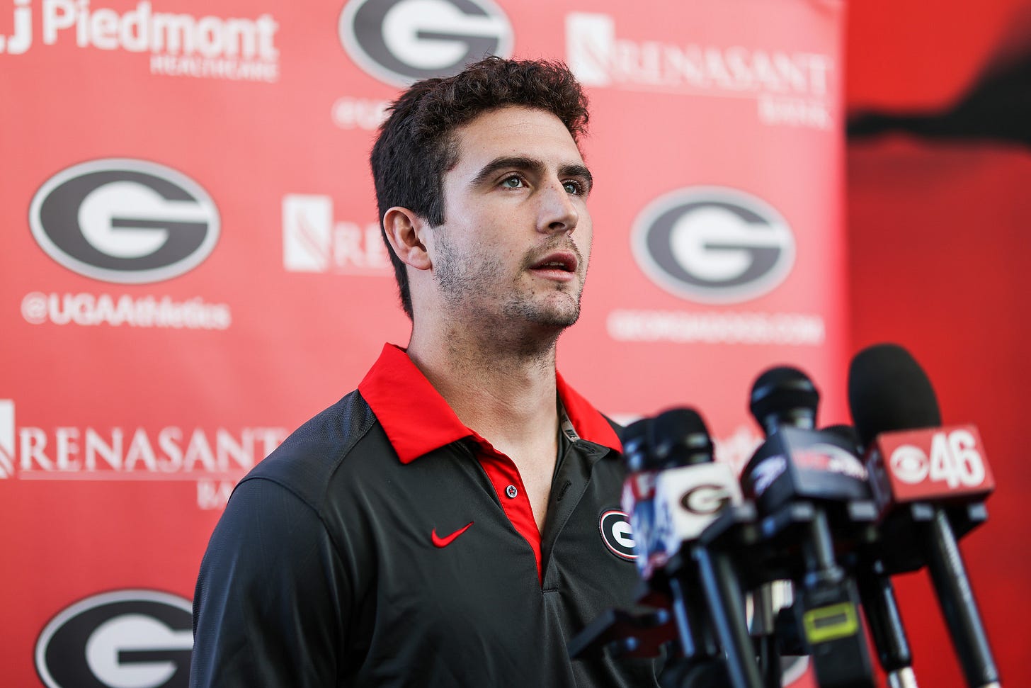 Georgia quarterback Stetson Bennett (13) during a press conference at the Butt-Mehre Heritage Hall in Athens, Ga., on Monday, Nov. 29, 2021. (Photo by Mackenzie Miles) Georgia quarterback Stetson Bennett (13) during a press conference at the Butt-Mehre Heritage Hall in Athens, Ga., on Monday, Nov. 29, 2021. (Photo by Mackenzie Miles)