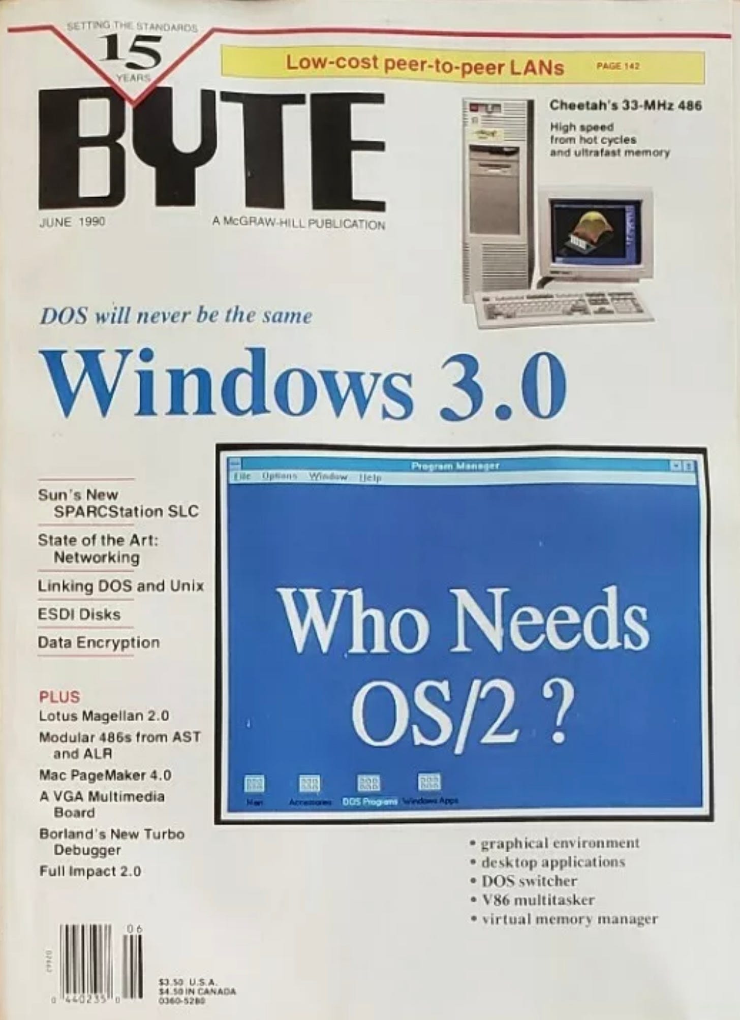 BYTE Magazine cover from June 1990 "DOS will never be the same: Windows 3.0" with a screen saying "Who needs OS/2?"