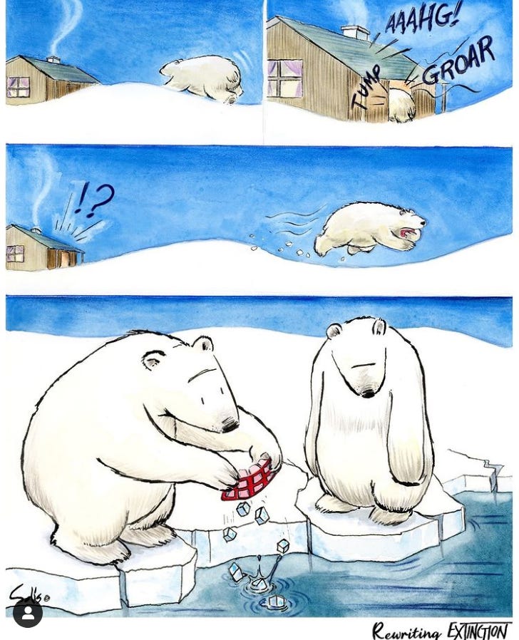 Comic strip of a polar boar that breaks into a nearby house. In the next panel they are running away with a bundle in their paws. In the last panel they open the bundle with another polar bear and it's small ice cubes which they deposit into the ocean.